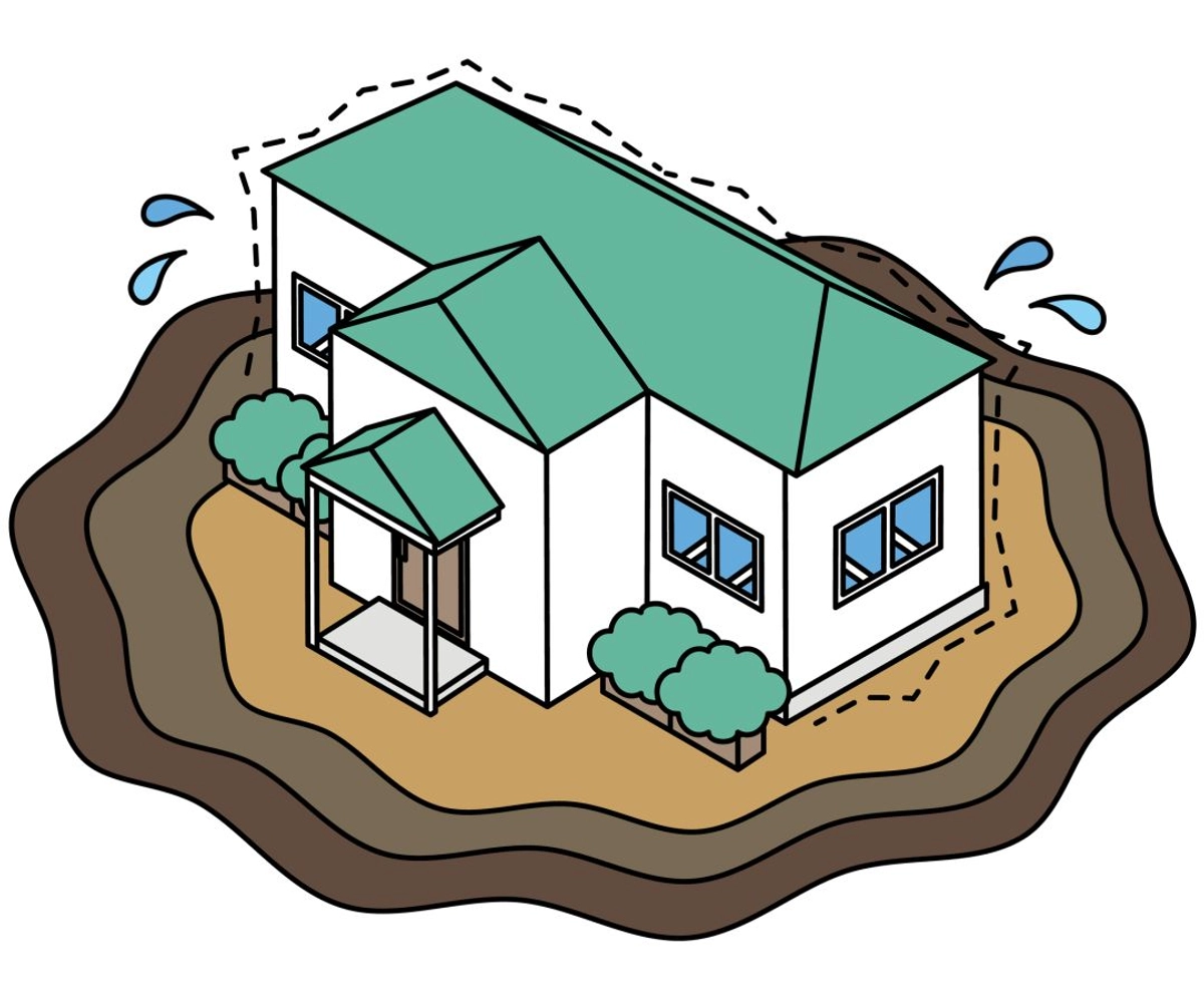 液状化による地盤沈下で沈んでしまった住宅