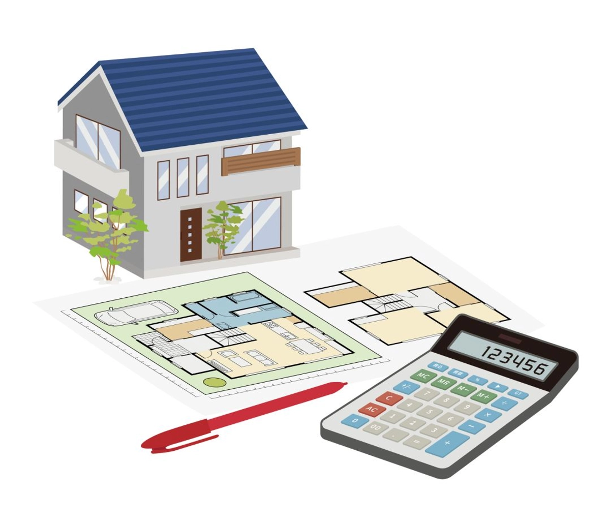 マイホームの間取り図と電卓と赤ペン