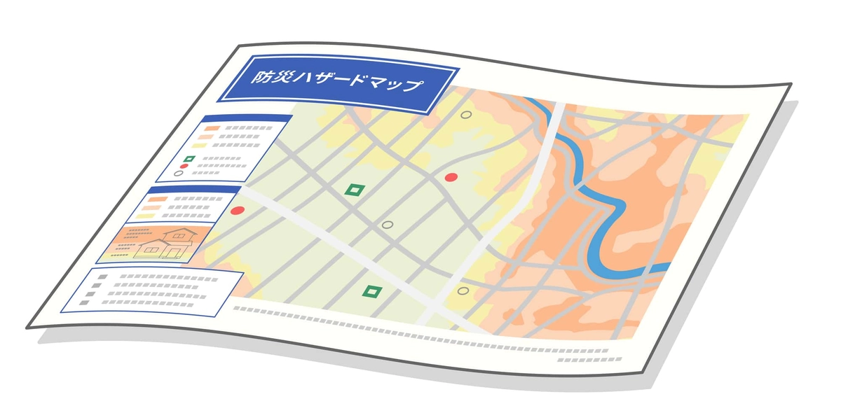 ハザードマップ、防災地図のイラスト